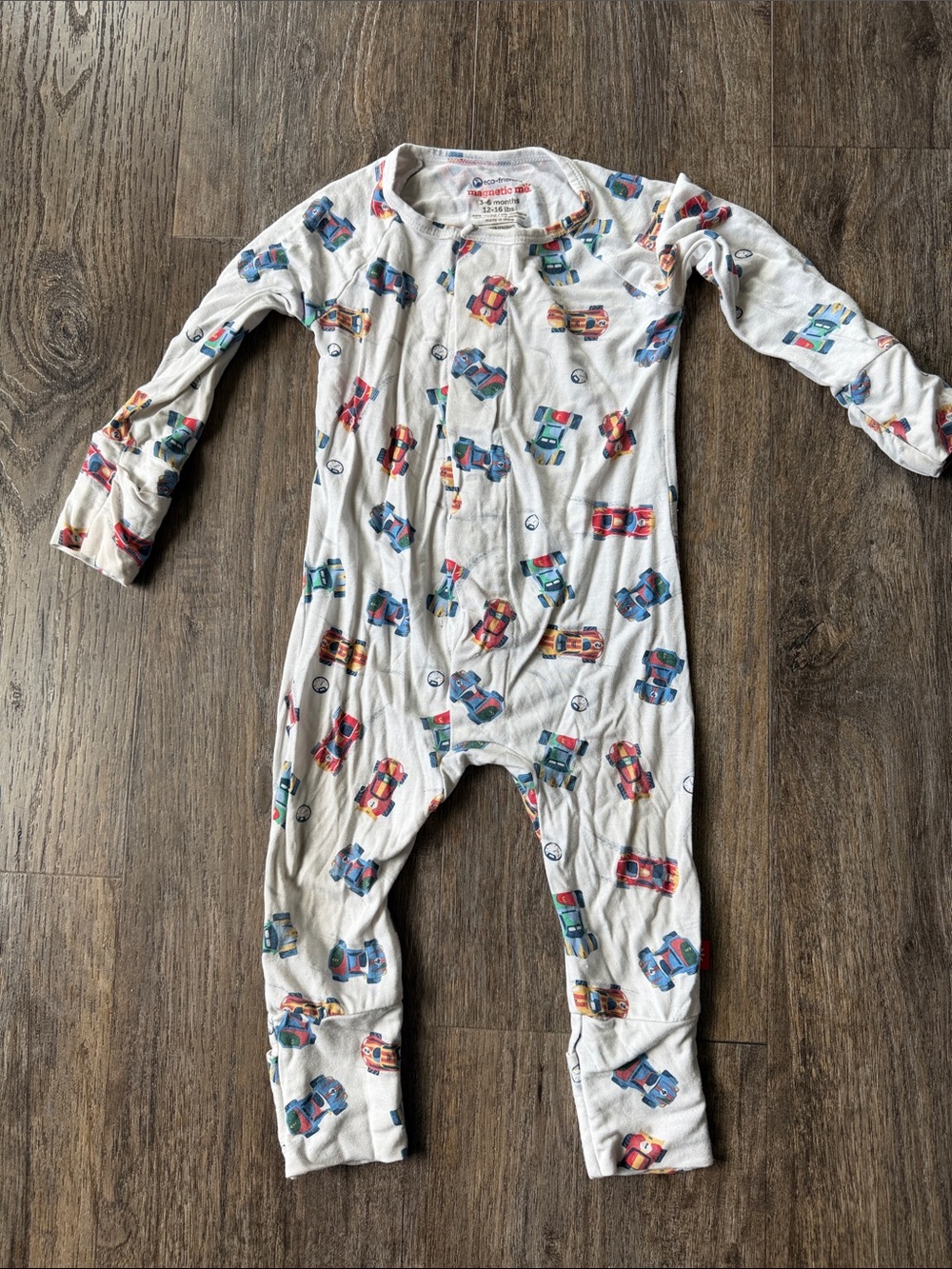 Magnetic Me White One-Piece with Multicolor Car Print 3-6 Months